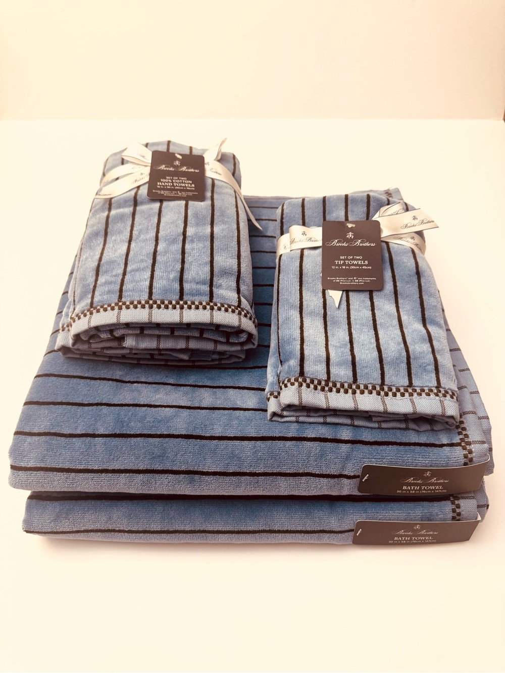 6pc BROOKS BROTHERS Cotton Velour Stripe Bath Towel Set - Blue/Brown